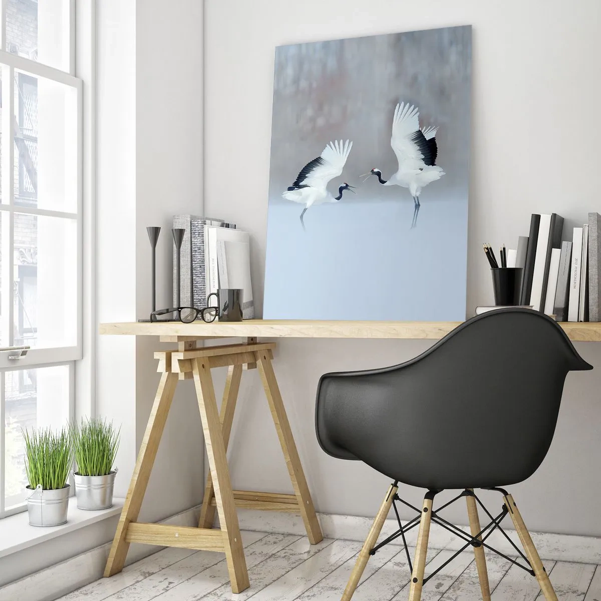 Cuadro sobre vidrio - Impresiones sobre Vidrio - Dos grullas bailando en un paisaje brumoso - 70x100cm - Danza en la niebla - Decoración de pared moderna para salón y dormitorio ARTTOR