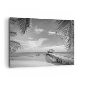 Cuadro sobre lienzo - Impresión de Imagen - Playa blanca y negra con muelle y palmeras en una costa tropical - 100x70cm - ¿Un recuerdo o un sueño? - Decoración de pared moderna para salón y dormitorio ARTTOR