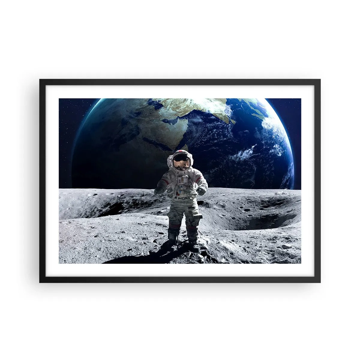 Póster en marco negro - Astronauta en la superficie de la Luna con la Tierra al fondo - 70x50cm - Saludos desde la Luna - Decoración de pared moderna para salón y dormitorio ARTTOR
