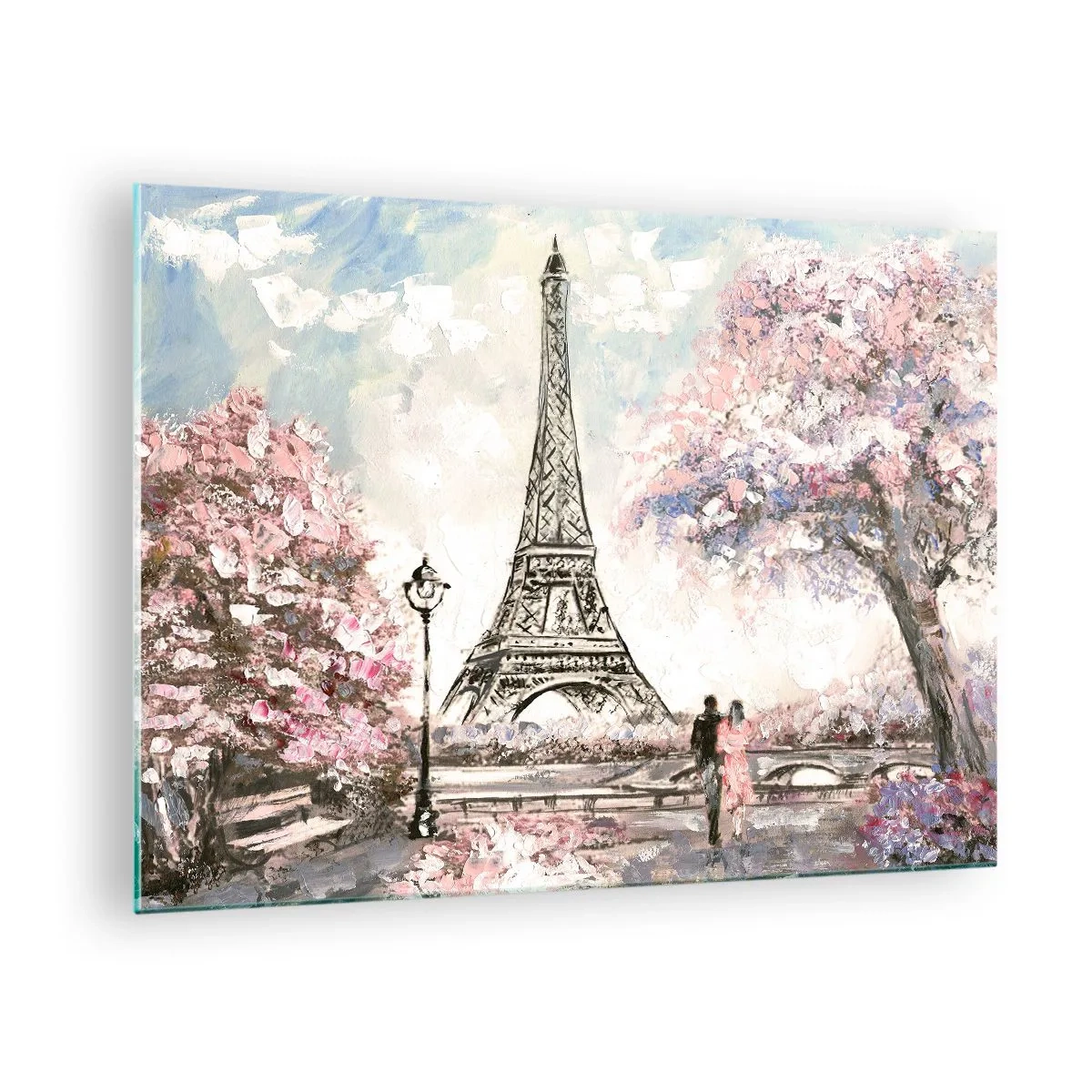 Cuadro sobre vidrio - Impresiones sobre Vidrio - Ilustración de la Torre Eiffel en un entorno primaveral - 70x50cm - Un paseo por París en abril - Decoración de pared moderna para salón y dormitorio ARTTOR