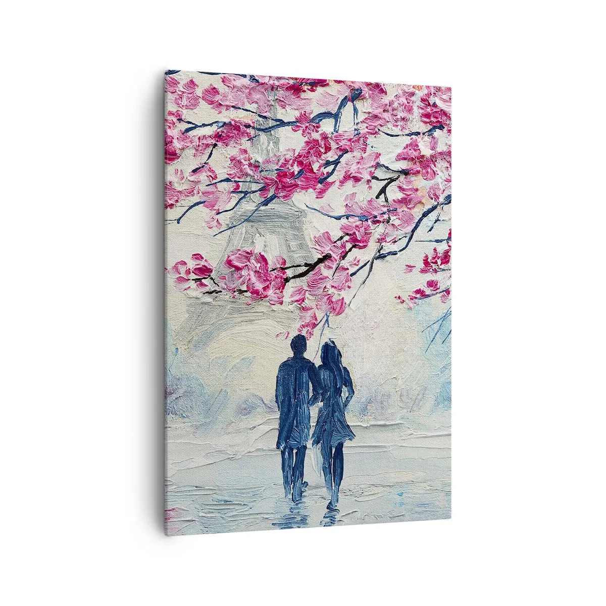 Cuadro sobre lienzo - Impresión de Imagen - Una pareja bajo árboles rosados en flor en un entorno romántico. - 70x100cm - Un paseo romántico - Decoración de pared moderna para salón y dormitorio ARTTOR