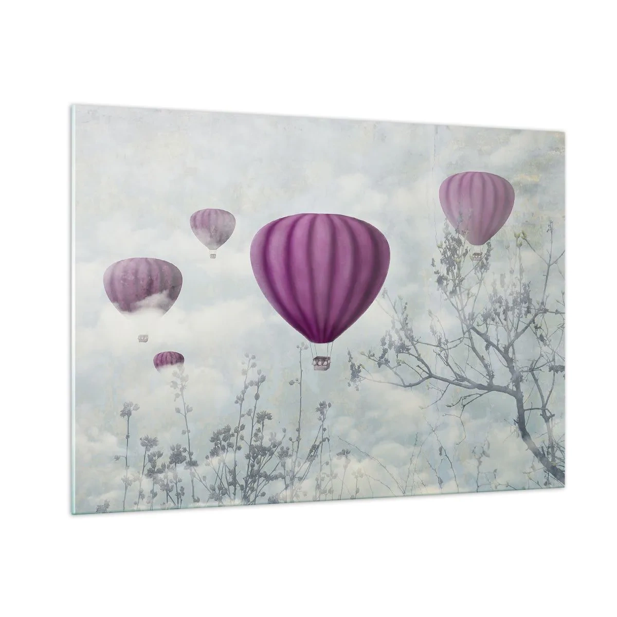 Cuadro sobre vidrio - Impresiones sobre Vidrio - Globos morados flotando entre las nubes y las ramas de los árboles. - 100x70cm - Surcando los cielos - Decoración de pared moderna para salón y dormitorio ARTTOR