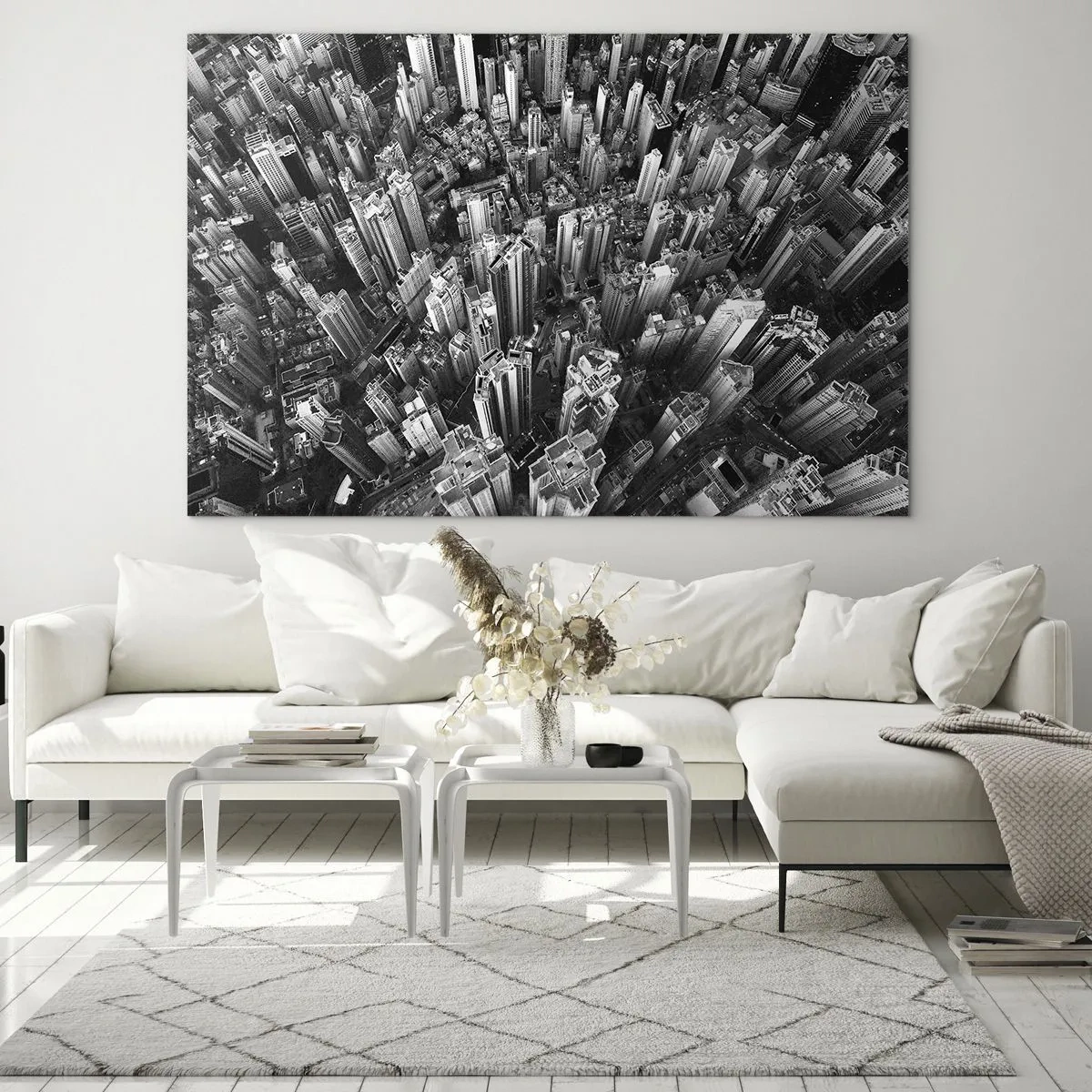 Cuadro sobre vidrio - Impresiones sobre Vidrio - Vista aérea de la ciudad en blanco y negro - 70x50cm - Cada vez más alto - Decoración de pared moderna para salón y dormitorio ARTTOR