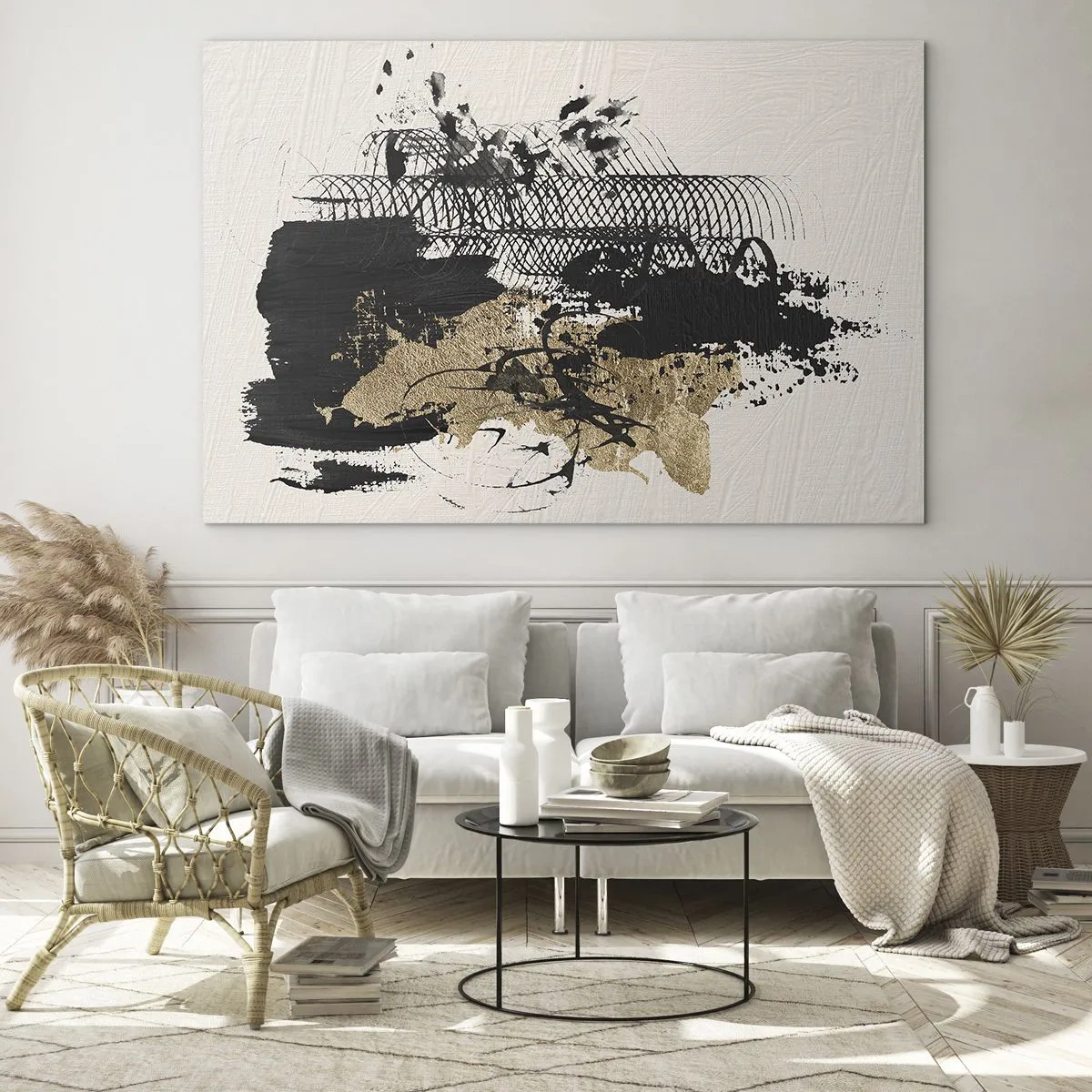 Cuadro sobre vidrio - Impresiones sobre Vidrio - Composición abstracta en negro y dorado sobre un fondo claro. - 70x50cm - Composición con pasión - Decoración de pared moderna para salón y dormitorio ARTTOR