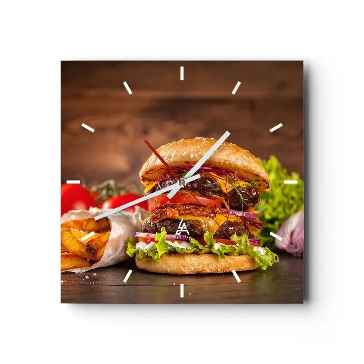 Reloj de pared - Reloj de vidrio - Apetitosa hamburguesa con extras - 30x30cm - Fruta prohibida - Decoración de pared moderna para salón y dormitorio ARTTOR