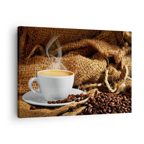 Cuadro sobre lienzo - Impresión de Imagen - Una taza de café rodeada de una bolsa de granos de café. - 70x50cm - Olor a moca y densidad del líquido meloso - Decoración de pared moderna para salón y dormitorio ARTTOR