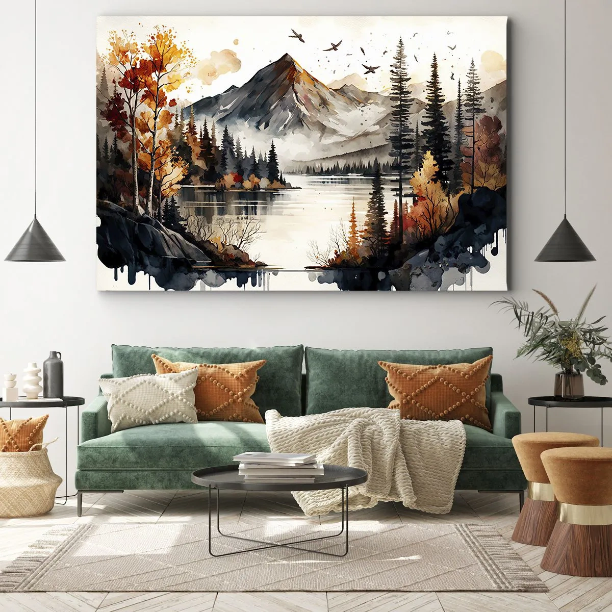 Cuadro sobre lienzo - Impresión de Imagen - Paisaje otoñal de montaña con lago y árboles en acuarela - 70x50cm - Otoño dorado en las montañas - Decoración de pared moderna para salón y dormitorio ARTTOR