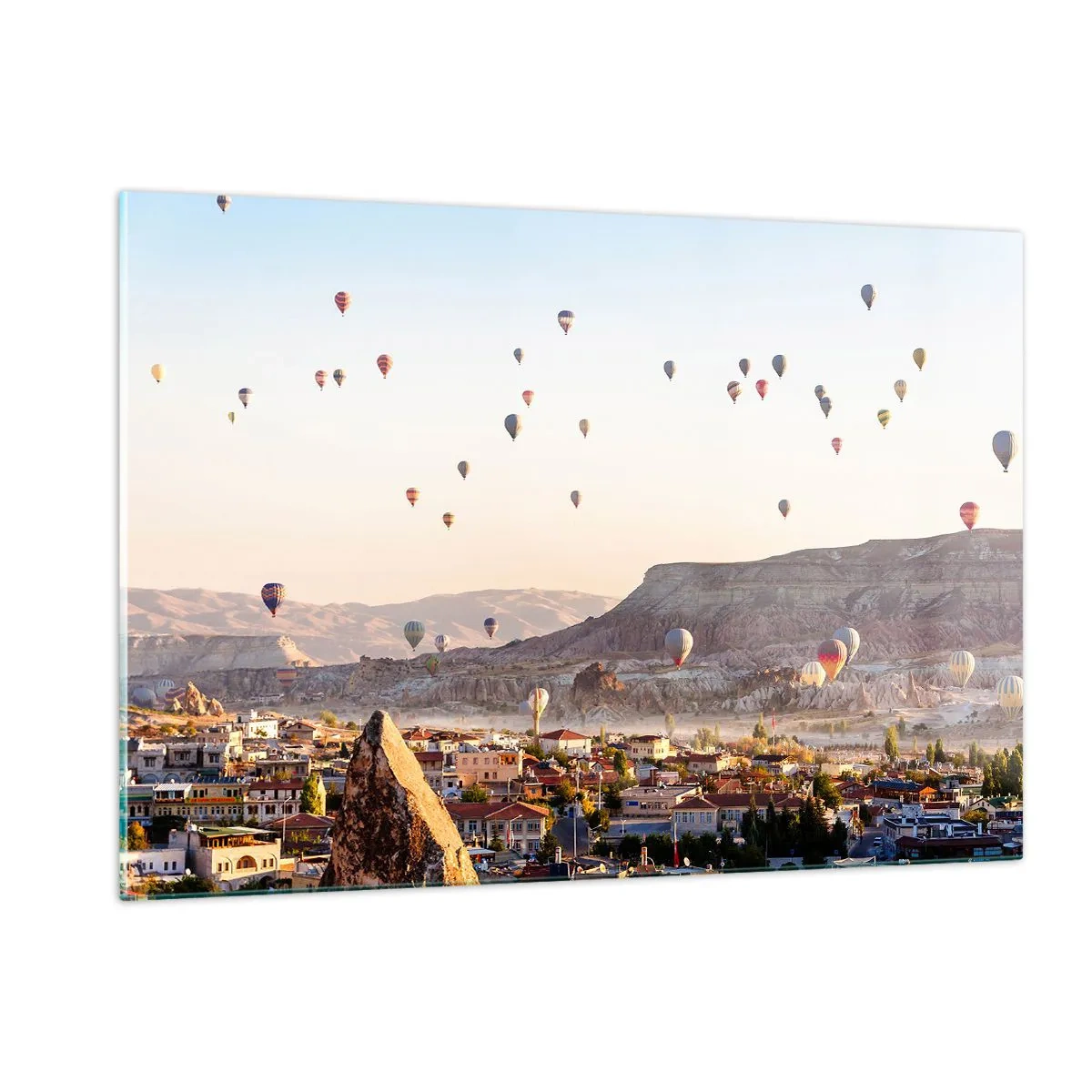 Cuadro sobre vidrio - Impresiones sobre Vidrio - Vuelo en globo sobre Capadocia a la luz de la mañana. - 120x80cm - Surcando los cielos - Decoración de pared moderna para salón y dormitorio ARTTOR