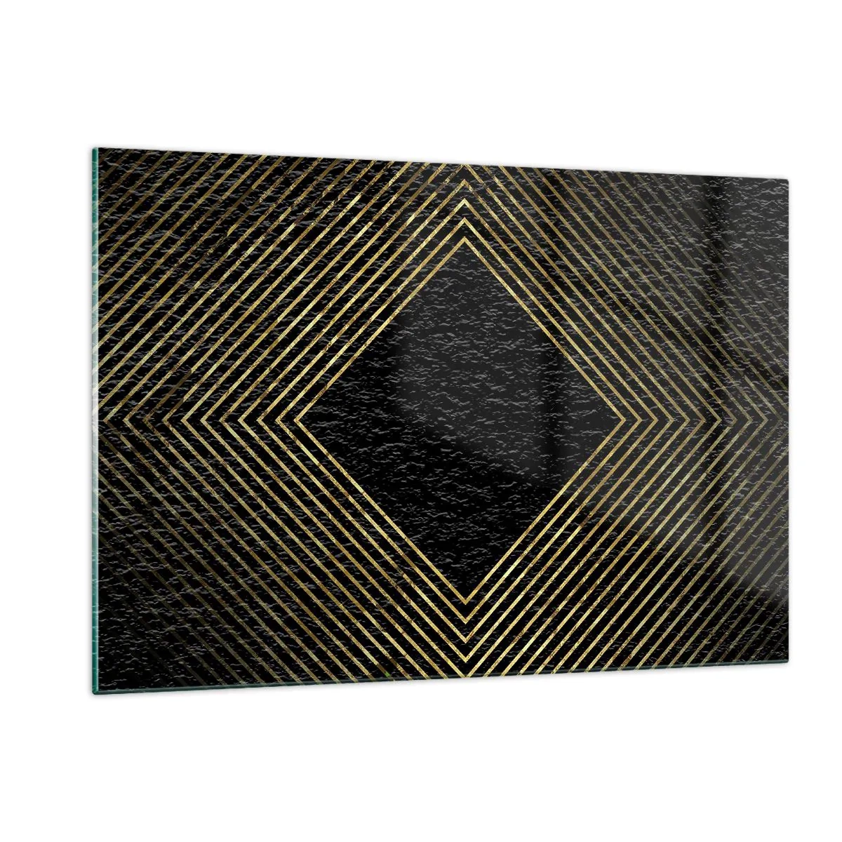 Cuadro sobre vidrio - Impresiones sobre Vidrio - Diamante dorado con líneas geométricas sobre fondo negro. - 120x80cm - Geometría al estilo glamour - Decoración de pared moderna para salón y dormitorio ARTTOR