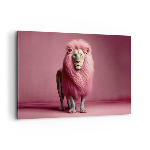 Cuadro sobre lienzo - Impresión de Imagen - Un león artísticamente representado con una melena rosa sobre un fondo rosa. - 120x80cm - Y ya no me tienes miedo - Decoración de pared moderna para salón y dormitorio ARTTOR