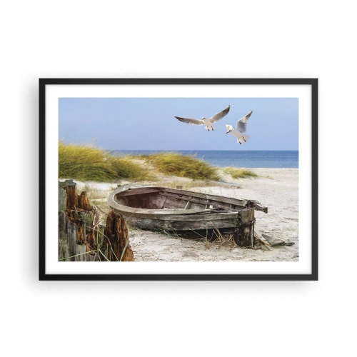 Póster en marco negro - Barco abandonado en una playa con gaviotas - 70x50cm - Bañada por el viento - Decoración de pared moderna para salón y dormitorio ARTTOR