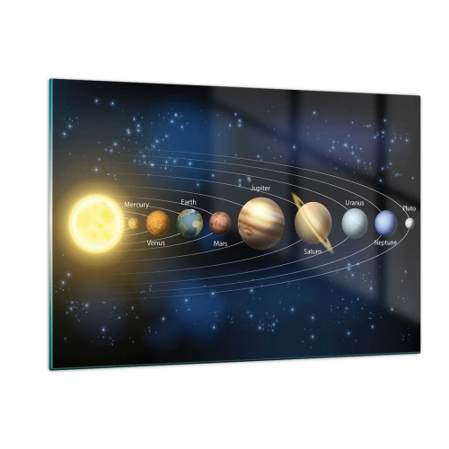 Cuadro sobre vidrio - Impresiones sobre Vidrio - El sistema solar con planetas y estrellas al fondo. - 120x80cm - Uno de diez - Decoración de pared moderna para salón y dormitorio ARTTOR