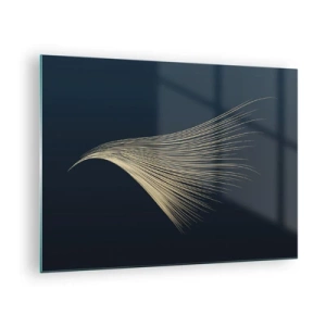 Cuadro sobre vidrio - Impresiones sobre Vidrio - Una línea dorada que se asemeja a un ala sobre un fondo azul marino. - 70x50cm - Como el cabello de un ángel - Decoración de pared moderna para salón y dormitorio ARTTOR