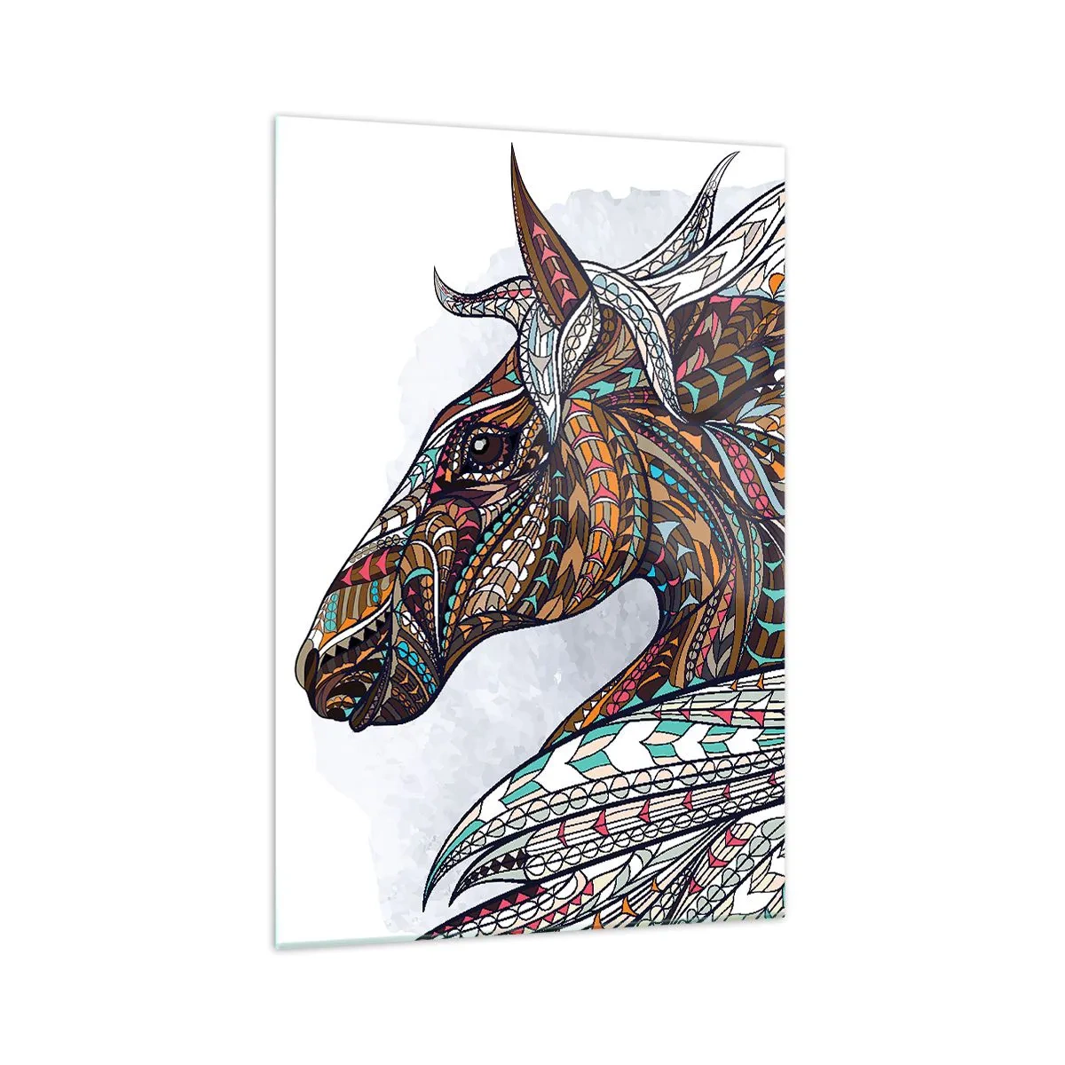 Cuadro sobre vidrio - Impresiones sobre Vidrio - Un caballo geométrico con una crin colorida y detallada. - 70x100cm - El corcel de un guerrero celta - Decoración de pared moderna para salón y dormitorio ARTTOR