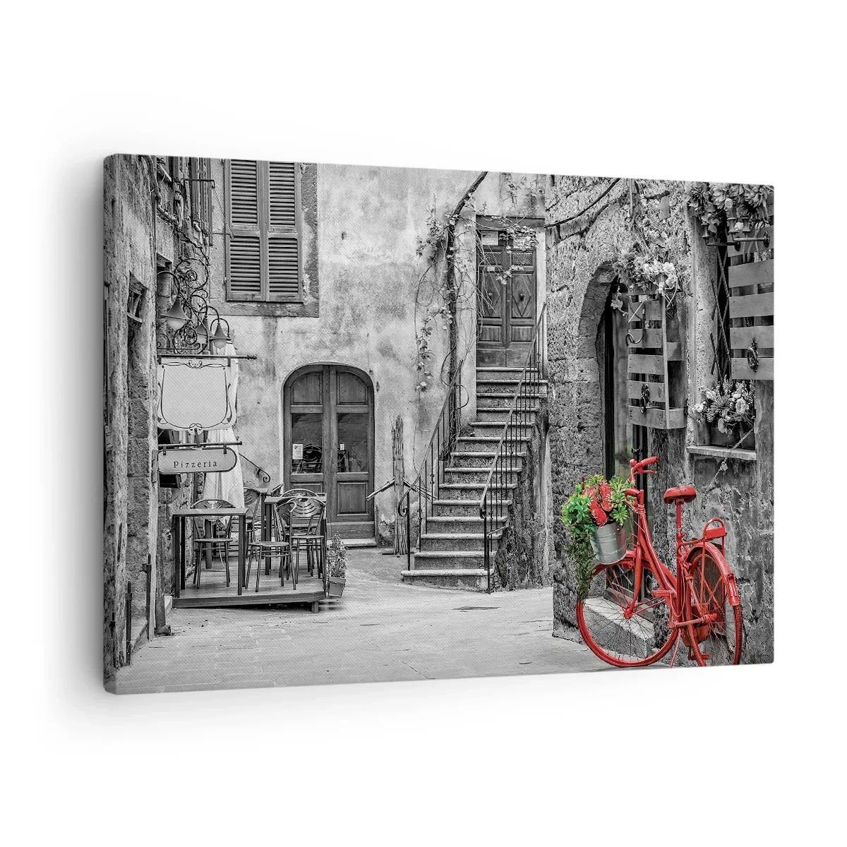 Cuadro sobre lienzo - Impresión de Imagen - Una bicicleta roja en una calle en blanco y negro. - 70x50cm - Callejón de la Toscana - Decoración de pared moderna para salón y dormitorio ARTTOR