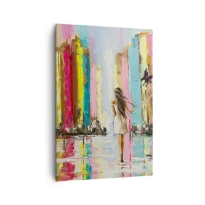Cuadro sobre lienzo - Impresión de Imagen - Una ciudad colorida y una mujer con un vestido blanco con un pájaro. - 70x100cm - Sígueme - Decoración de pared moderna para salón y dormitorio ARTTOR
