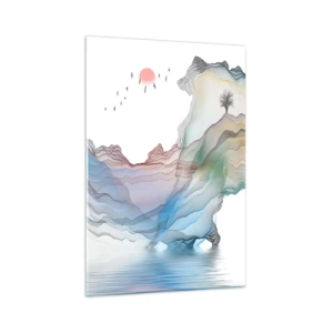 Cuadro sobre vidrio - Impresiones sobre Vidrio - Un paisaje sutil con montañas, agua y un barco. - 70x100cm - Hacia las montañas de cristal - Decoración de pared moderna para salón y dormitorio ARTTOR