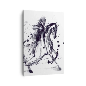 Cuadro sobre lienzo - Impresión de Imagen - Acuarela en blanco y negro de un jinete sobre un caballo al galope. - 70x100cm - Caballero negro - Decoración de pared moderna para salón y dormitorio ARTTOR