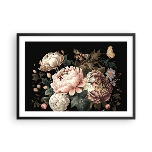 Póster en marco negro - Un ramo de flores rosas y mariposas sobre un fondo negro. - 70x50cm - En estilo barroco - Decoración de pared moderna para salón y dormitorio ARTTOR