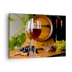 Cuadro sobre lienzo - Impresión de Imagen - Copas de vino con uvas, un barril y botellas sobre una mesa de madera - 70x50cm - Como los antiguos maestros - Decoración de pared moderna para salón y dormitorio ARTTOR