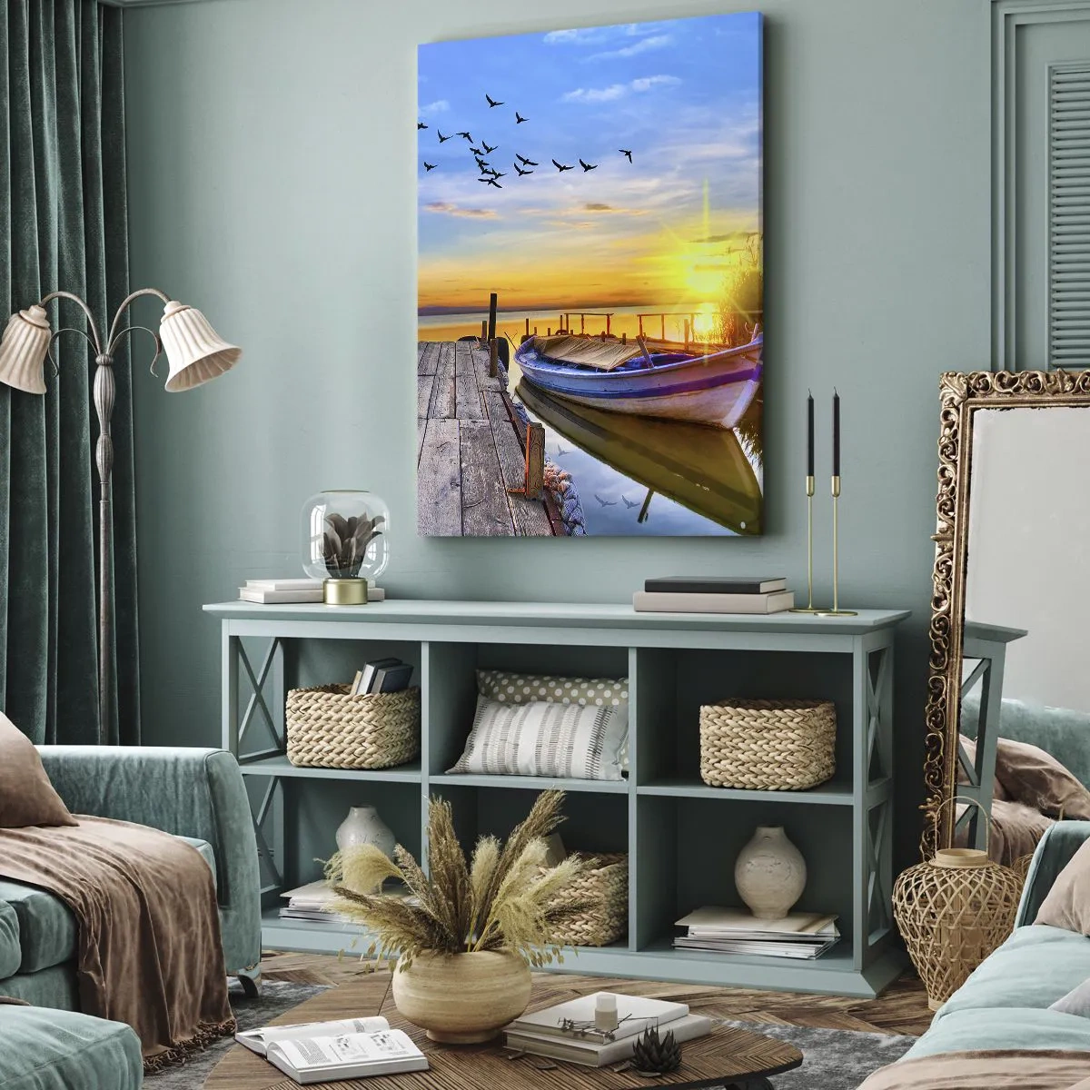 Cuadro sobre lienzo - Impresión de Imagen - Un barco en un muelle de madera al atardecer. - 50x70cm - Adiós, hasta mañana - Decoración de pared moderna para salón y dormitorio ARTTOR