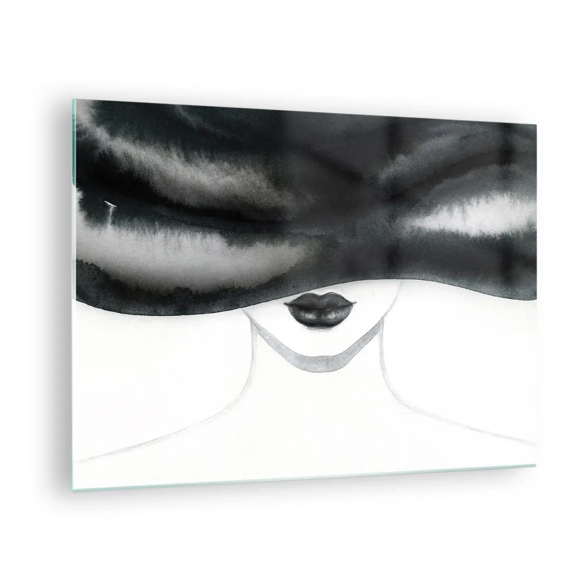 Cuadro sobre vidrio - Impresiones sobre Vidrio - Rostro misterioso con ojos cubiertos en acuarela en blanco y negro - 70x50cm - Un misterio sensual - Decoración de pared moderna para salón y dormitorio ARTTOR