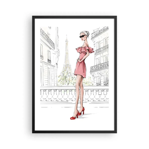 Póster en marco negro - Una mujer elegante con un vestido rosa con la Torre Eiffel al fondo. - 50x70cm - El arte de la moda - Decoración de pared moderna para salón y dormitorio ARTTOR