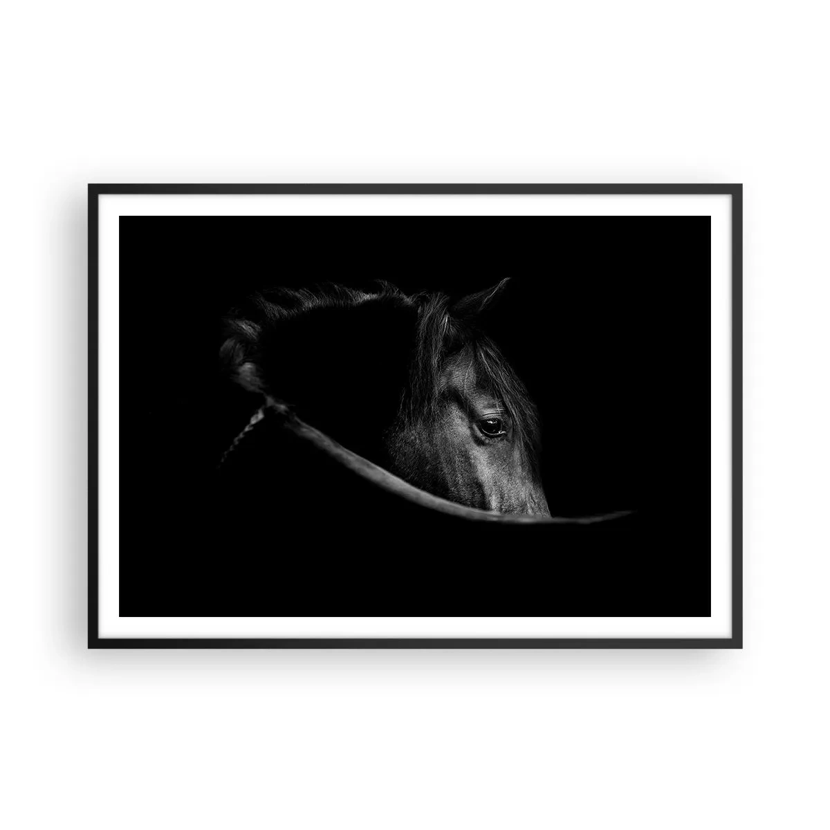 Póster en marco negro - Un retrato en blanco y negro de un caballo con un sutil juego de luces y sombras sobre un fondo oscuro. - 100x70cm - Príncipe negro - Decoración de pared moderna para salón y dormitorio ARTTOR