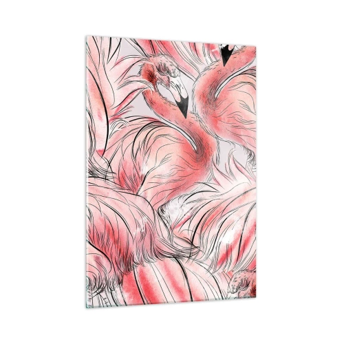 Cuadro sobre vidrio - Impresiones sobre Vidrio - Flamencos rosados en un estilo de dibujos animados decorativos. - 50x70cm - Ballet de aves - Decoración de pared moderna para salón y dormitorio ARTTOR