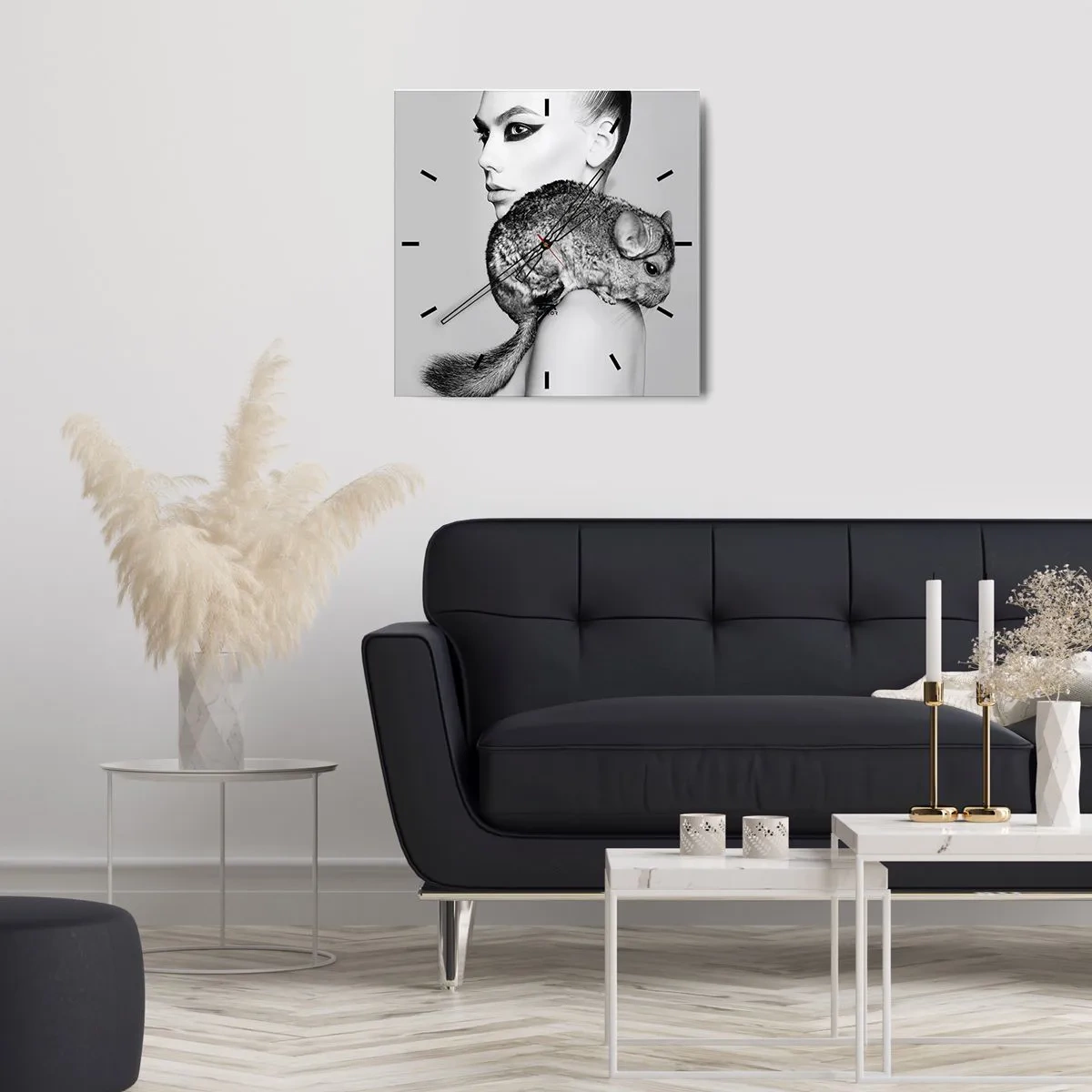 Reloj de pared - Reloj de vidrio - Dama con chinchilla - 40x40 cm