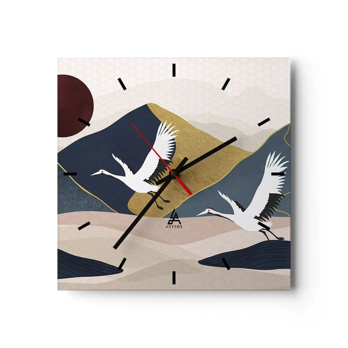 Reloj de pared - Reloj de vidrio - Grúas en vuelo con el telón de fondo de montañas y un sol rojo. - 30x30cm - Y el día ha vuelto a pasar volando - Decoración de pared moderna para salón y dormitorio ARTTOR
