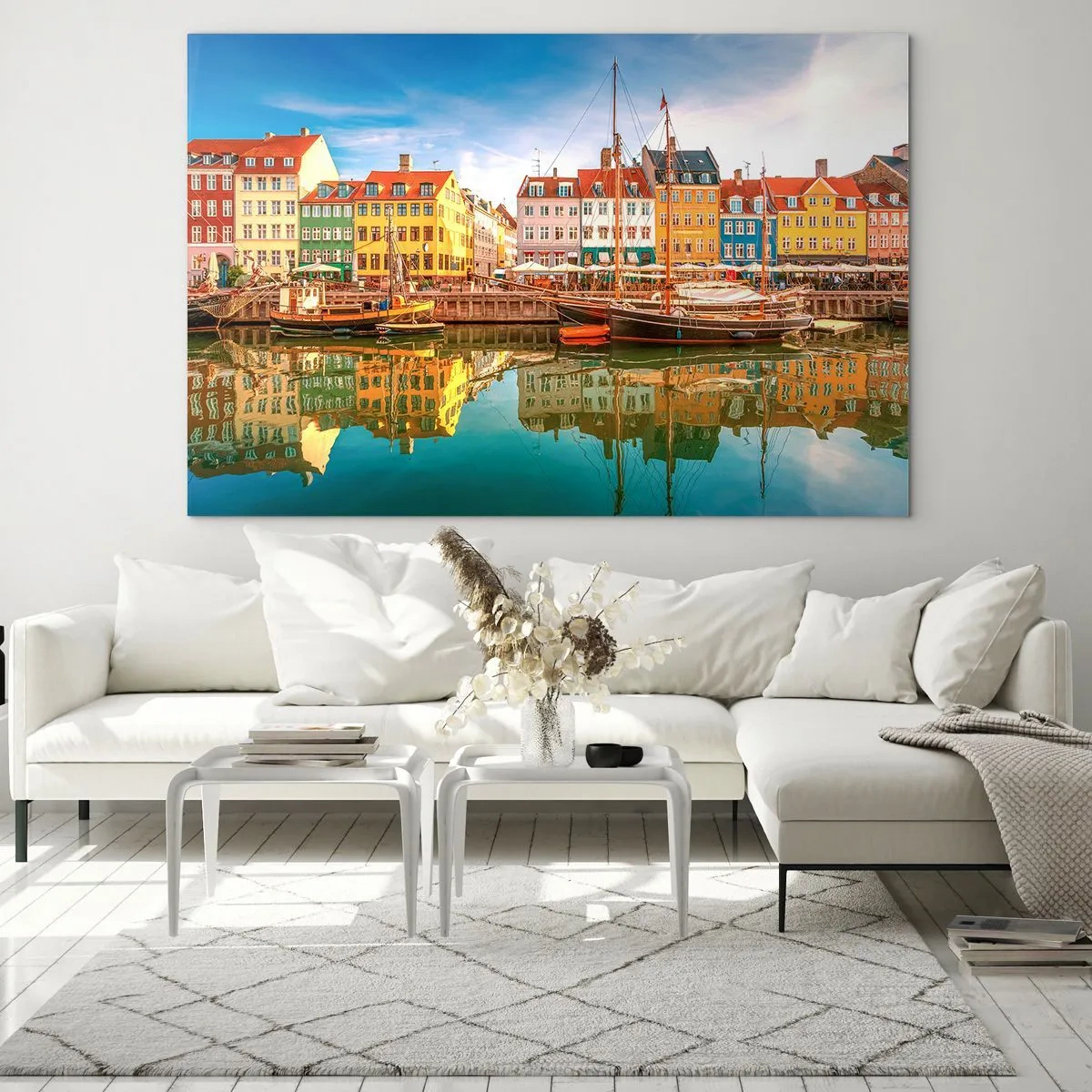 Cuadro sobre vidrio - Impresiones sobre Vidrio - Casas coloridas en el canal con reflejos en el agua. - 70x50cm - Sobre el agua tan suave como un espejo - Decoración de pared moderna para salón y dormitorio ARTTOR