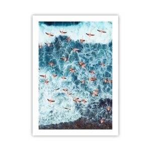 Póster - Flamencos sobre las olas del mar en colores intensos - 50x70cm - Un desfile marítimo - Decoración de pared moderna para salón y dormitorio ARTTOR