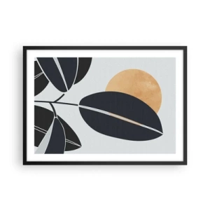 Póster en marco negro - Un motivo de hojas minimalista con un sol brillante en el fondo. - 70x50cm - Un día de verano caluroso - Decoración de pared moderna para salón y dormitorio ARTTOR