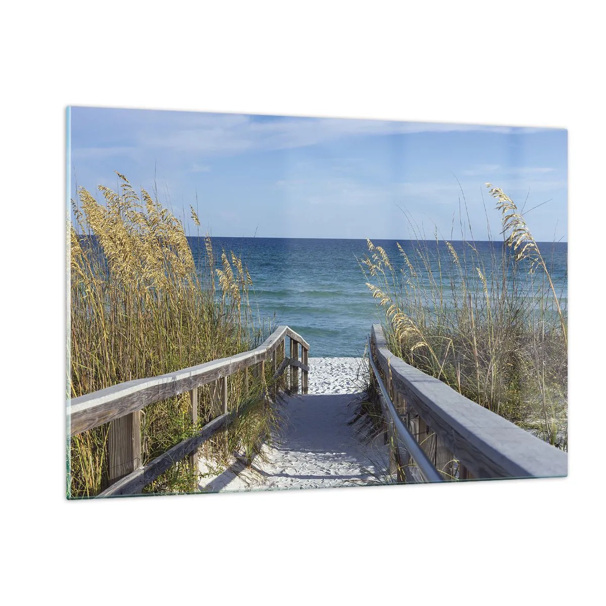 Cuadro sobre vidrio - Impresiones sobre Vidrio - Camino a la playa con vistas al mar - 120x80cm - En el sol, en el viento - Decoración de pared moderna para salón y dormitorio ARTTOR