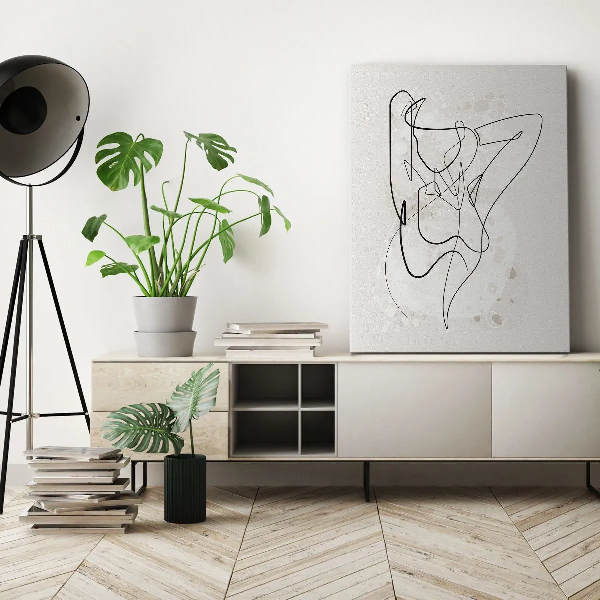 Cuadro sobre lienzo - Impresión de Imagen - Figura de arte lineal abstracto sobre un fondo claro - 50x70cm - El arte de la seducción - Decoración de pared moderna para salón y dormitorio ARTTOR