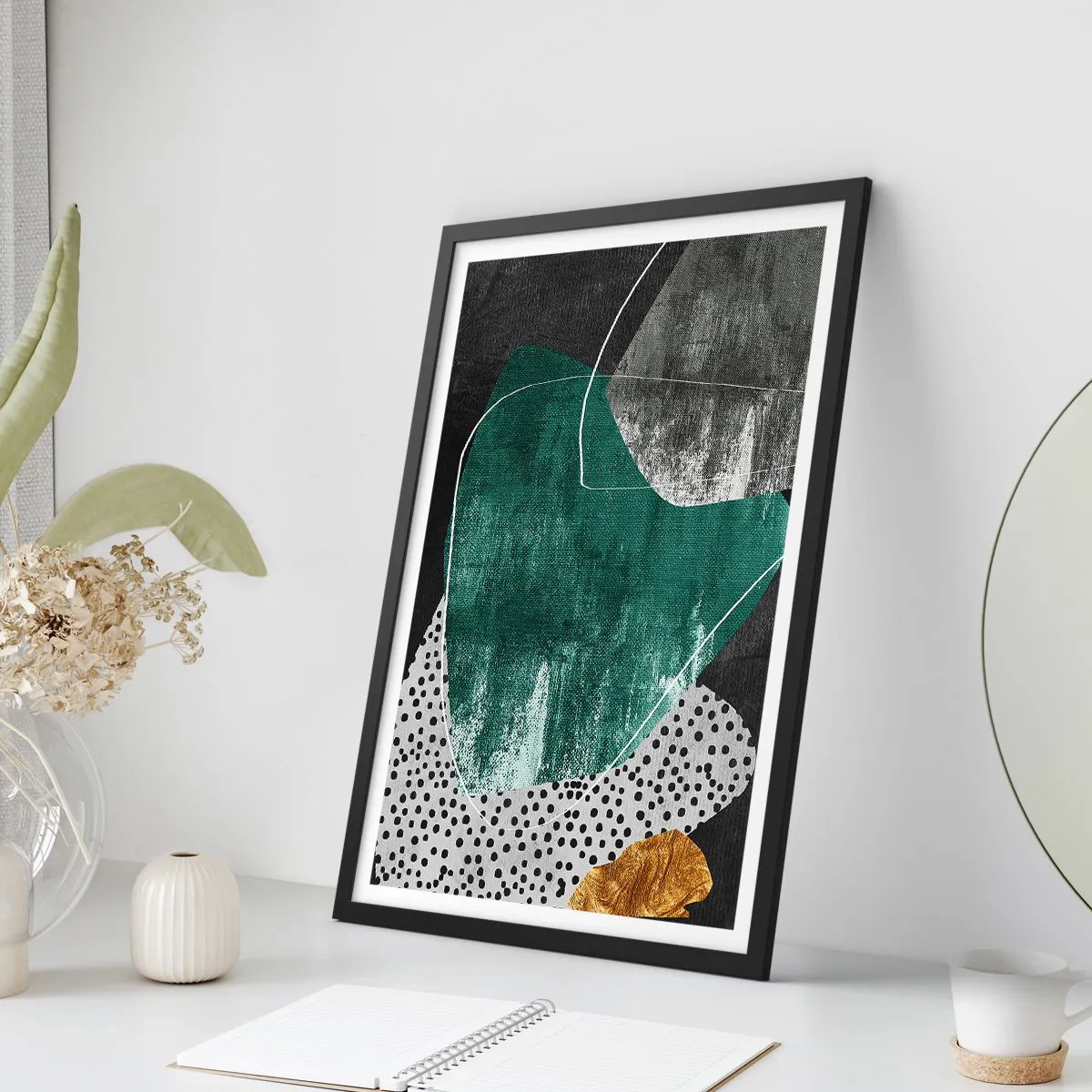 Póster en marco negro - Abstracción colorista con un copo de oro - 70x100 cm