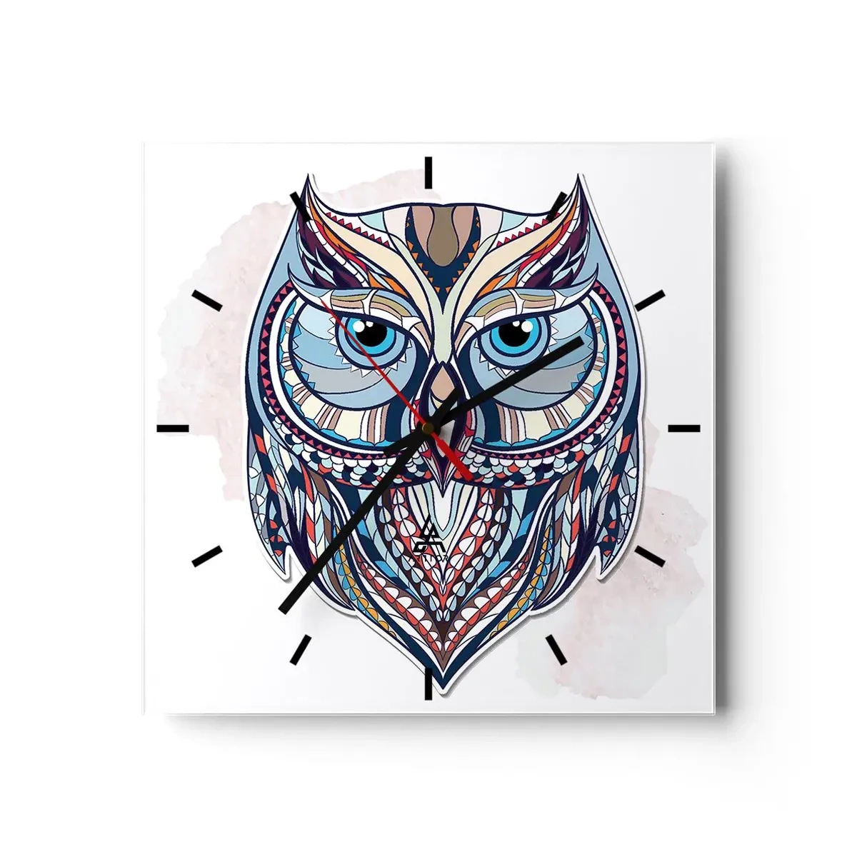 Reloj de pared - Reloj de vidrio - Búho geométrico en tonos azules y beige. - 30x30cm - Búho adornado con arte - Decoración de pared moderna para salón y dormitorio ARTTOR
