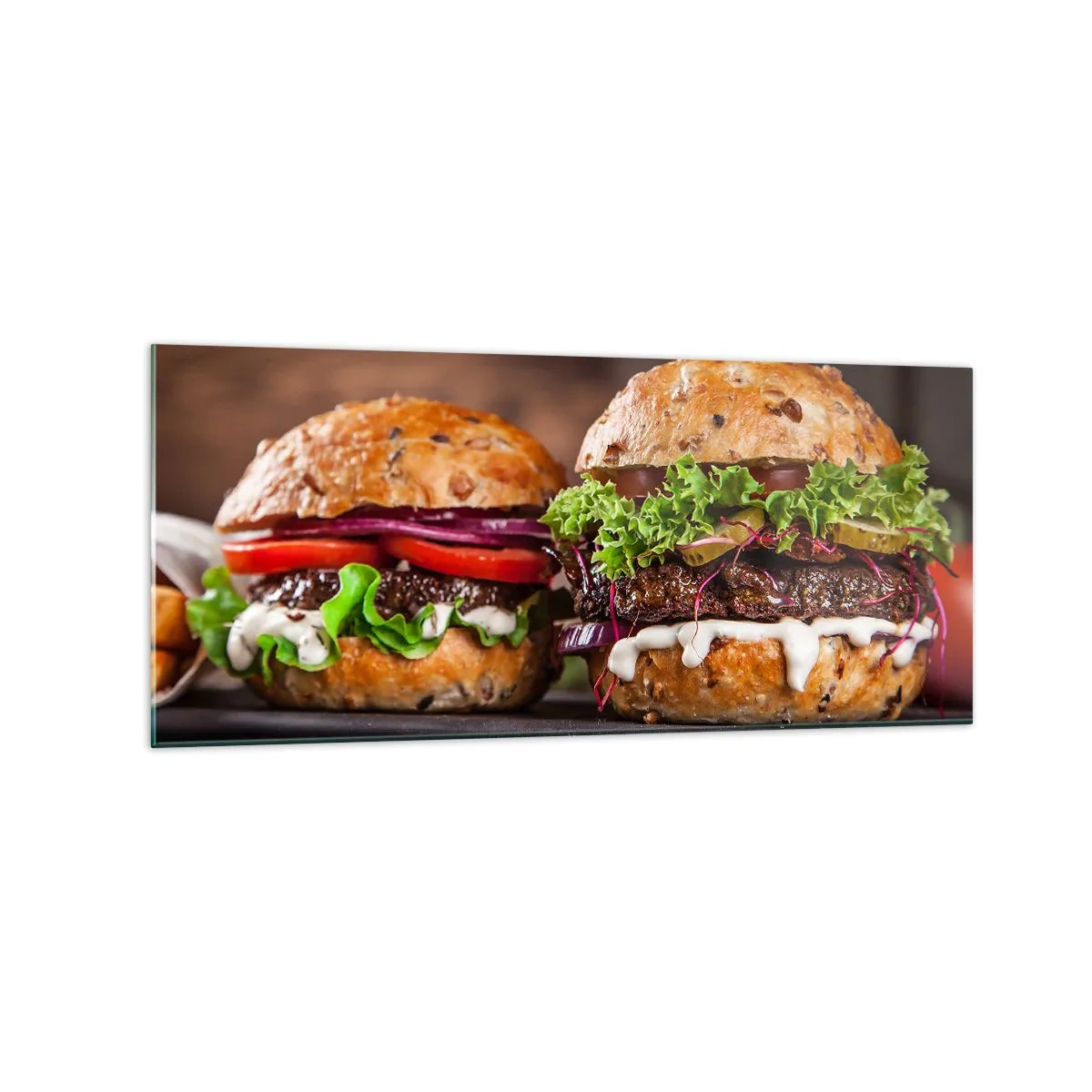 Cuadro sobre vidrio - Impresiones sobre Vidrio - Deliciosas hamburguesas con verduras y salsa. - 120x50cm - El sueño americano - Decoración de pared moderna para salón y dormitorio ARTTOR