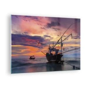 Cuadro sobre vidrio - Impresiones sobre Vidrio - Barcos de pesca en el mar al atardecer - 70x50cm - Una noche exótica - Decoración de pared moderna para salón y dormitorio ARTTOR