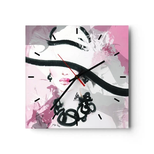 Reloj de pared - Reloj de vidrio - Una mujer elegante con sombrero sobre un fondo de abstracciones rosas. - 30x30cm - Retrato de una dama en negro y rosa - Decoración de pared moderna para salón y dormitorio ARTTOR