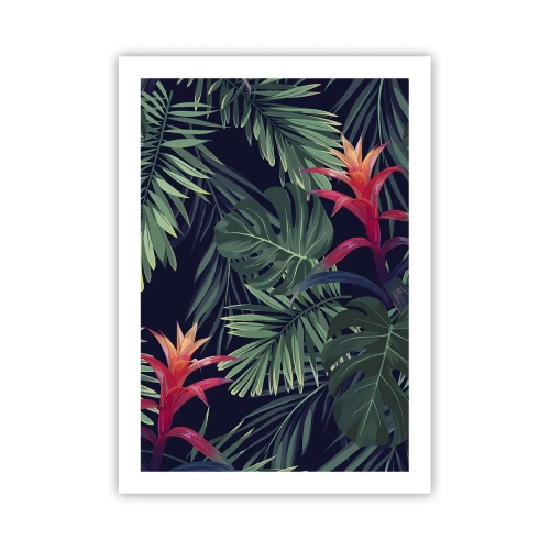 Póster - Hojas y flores tropicales sobre un fondo oscuro. - 50x70cm - Encender el color verde - Decoración de pared moderna para salón y dormitorio ARTTOR