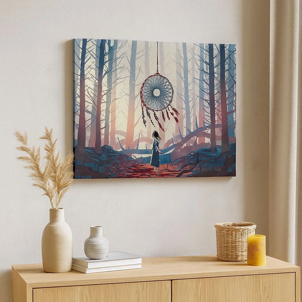Cuadro sobre lienzo - Impresión de Imagen - Escena de bosque con un atrapasueños gigante. - 70x50cm - El ritual secreto de la felicidad - Decoración de pared moderna para salón y dormitorio ARTTOR