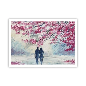 Póster - Una pareja bajo árboles rosados en flor en un entorno romántico. - 100x70cm - Un paseo romántico - Decoración de pared moderna para salón y dormitorio ARTTOR
