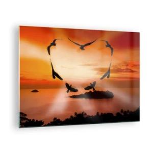 Cuadro sobre vidrio - Impresiones sobre Vidrio - Pájaros formando un corazón con el telón de fondo de una puesta de sol. - 70x50cm - Ama el mundo como los pájaros - Decoración de pared moderna para salón y dormitorio ARTTOR