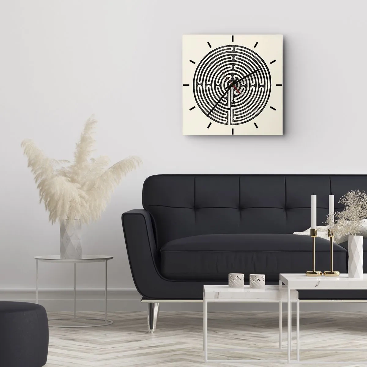 Reloj de pared - Reloj de vidrio - Laberinto circular en blanco y negro sobre un fondo claro - 30x30cm - Orden misterioso - Decoración de pared moderna para salón y dormitorio ARTTOR