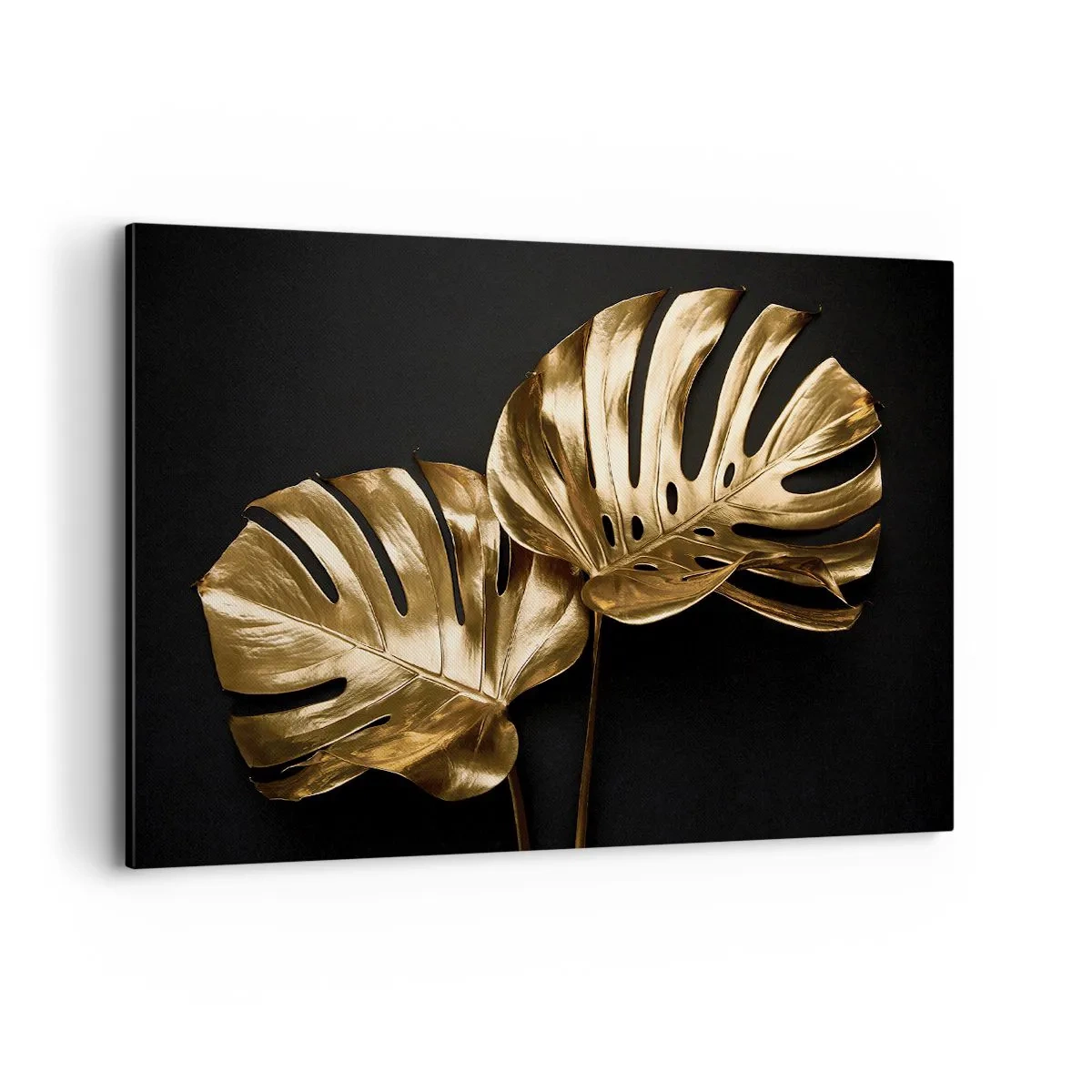 Cuadro sobre lienzo - Impresión de Imagen - Hojas de monstera doradas sobre fondo negro - 120x80cm - Tesoros de la naturaleza - Decoración de pared moderna para salón y dormitorio ARTTOR