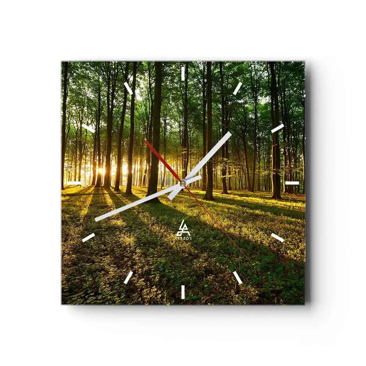 Reloj de pared - Reloj de vidrio - El sol poniente en el bosque caducifolio - 30x30cm - Una fotografía de todos los manantiales - Decoración de pared moderna para salón y dormitorio ARTTOR