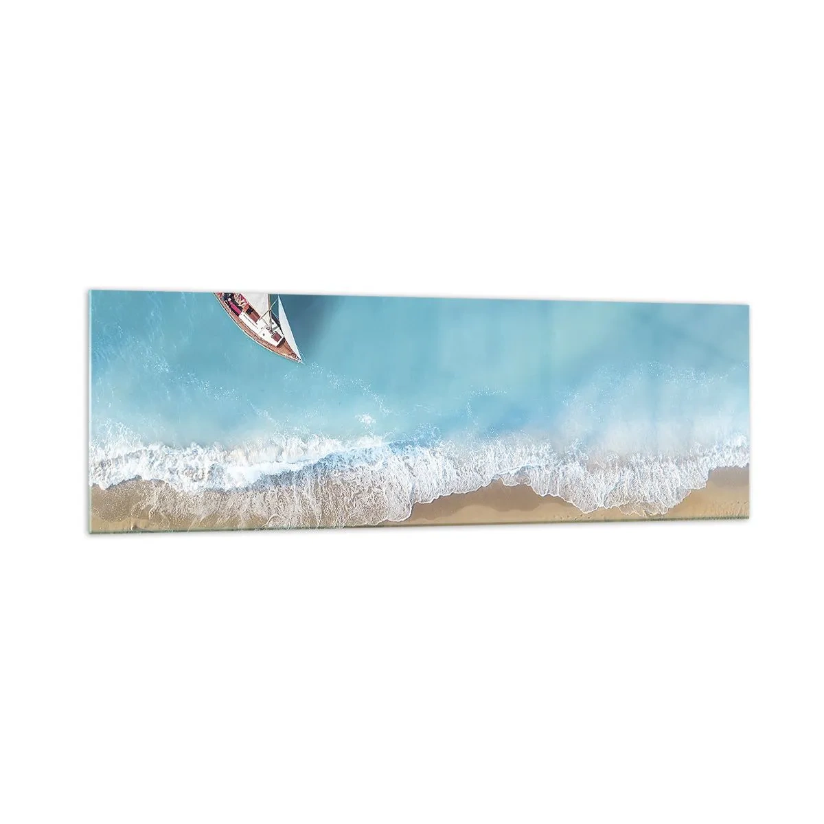 Cuadro sobre vidrio - Impresiones sobre Vidrio - Una vista de pájaro de un barco en la playa. - 160x50cm - Frontera celeste y dorada - Decoración de pared moderna para salón y dormitorio ARTTOR