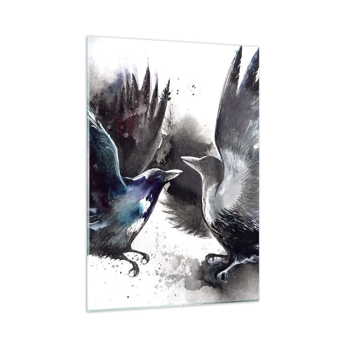 Cuadro sobre vidrio - Impresiones sobre Vidrio - Dos cuervos en una pose dinámica con las alas extendidas. - 50x70cm - De cuervo a cuervo... - Decoración de pared moderna para salón y dormitorio ARTTOR